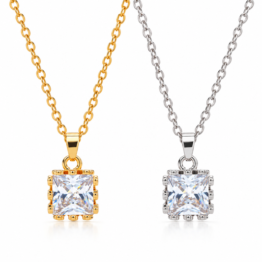 Princess Cut Solitaire Crystal Pendant Necklace – Gold or Silver
