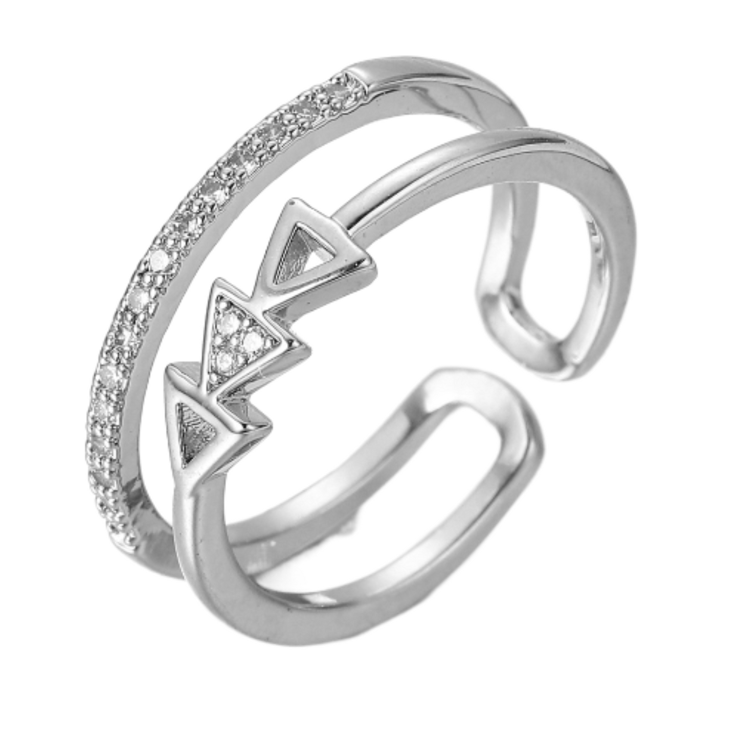 Luxury Silver Tone adjustable Open Clear Crystal Arrow Ring