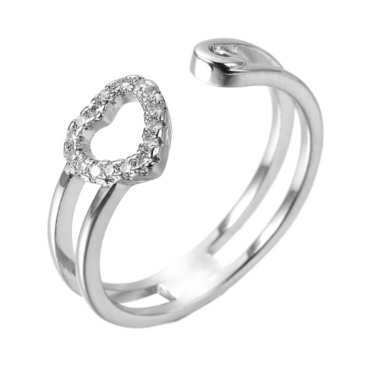 Cute Crystal Mini Heart Silver Tone adjustable Open Clear Ring