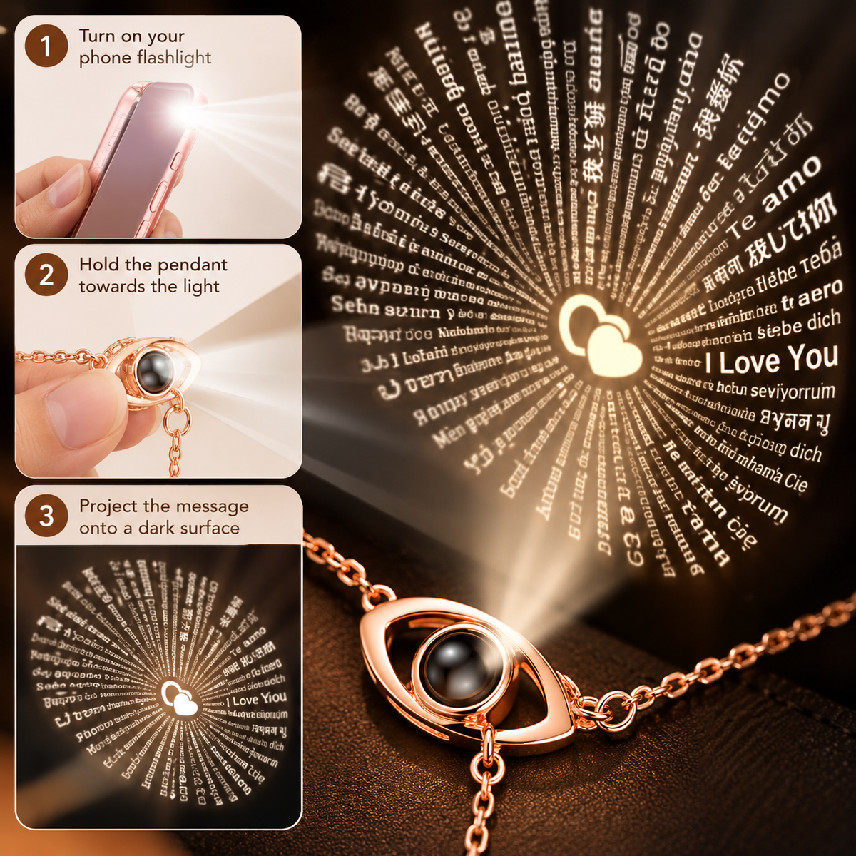 Evil Eye & Flower Clover Projection Necklace Rose Gold Tone Stainless Steel 100 Languages I Love You Memory Pendant