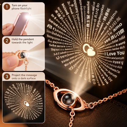 Evil Eye & Flower Clover Projection Necklace Rose Gold Tone Stainless Steel 100 Languages I Love You Memory Pendant