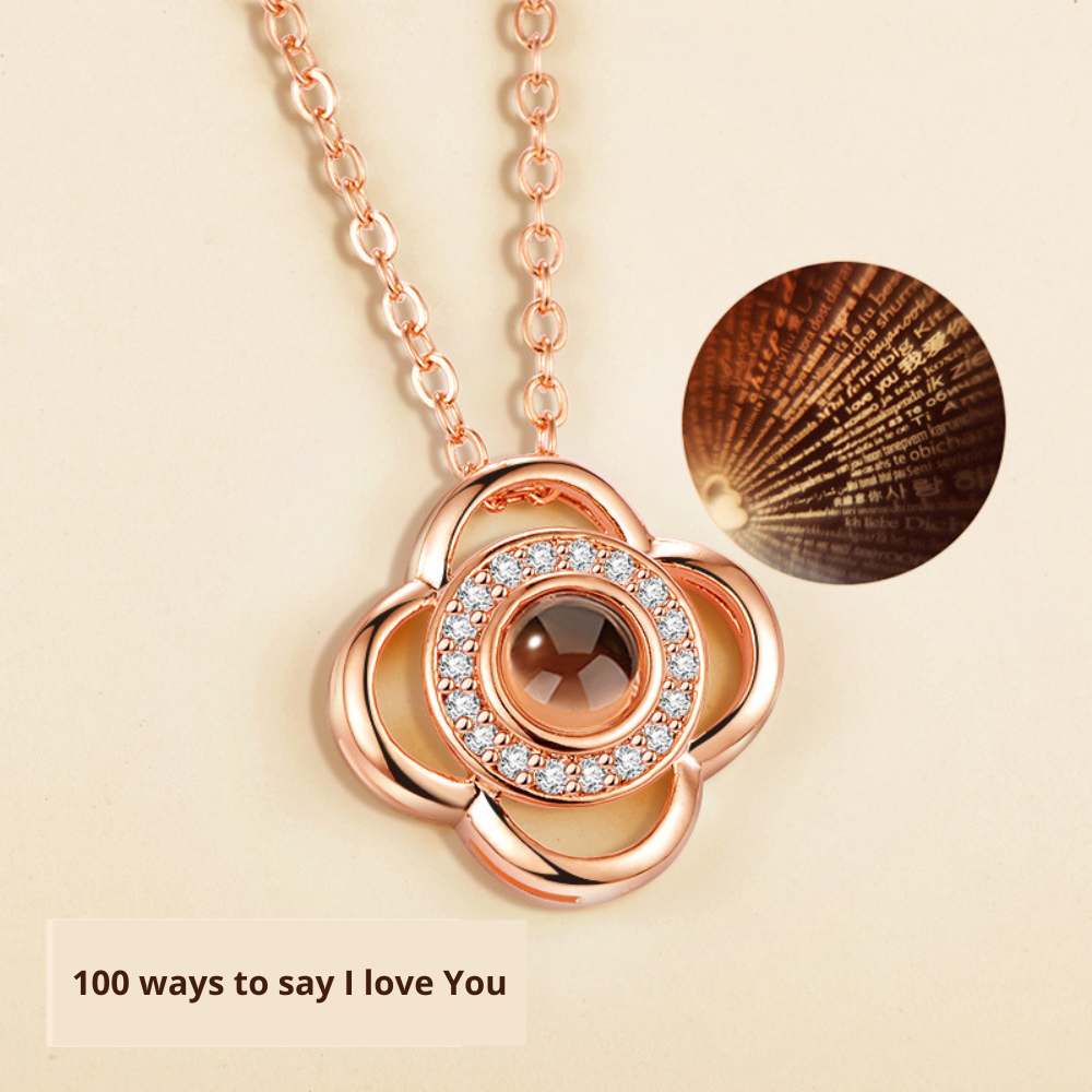 Evil Eye & Flower Clover Projection Necklace Rose Gold Tone Stainless Steel 100 Languages I Love You Memory Pendant
