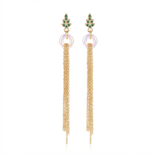 Golden Crystal Leaf and Tassel Earrings