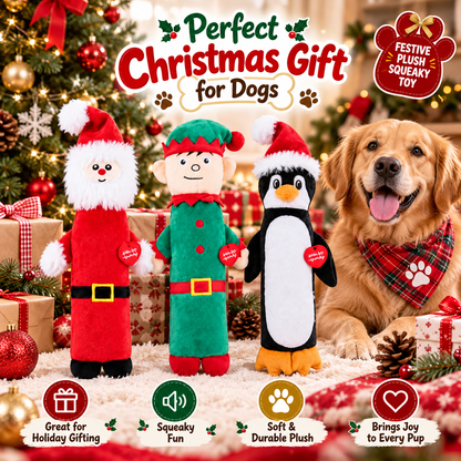 Christmas Long Characters Squeaky Dog Toy Santa, Elf, Penguin
