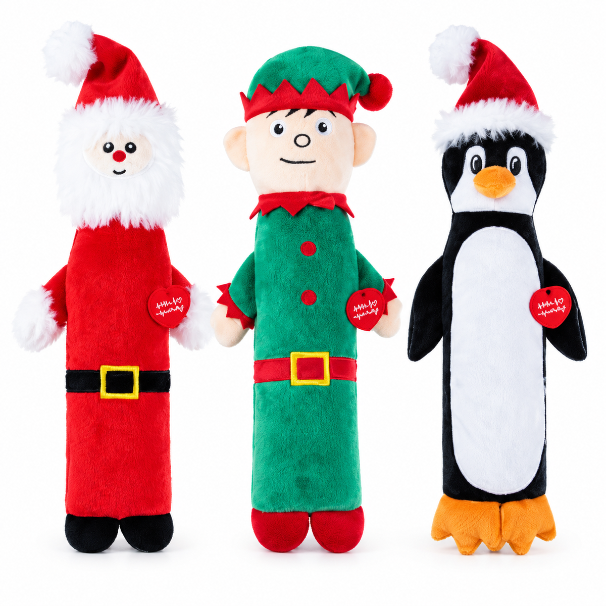 Christmas Long Characters Squeaky Dog Toy Santa, Elf, Penguin
