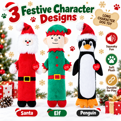 Christmas Long Characters Squeaky Dog Toy Santa, Elf, Penguin