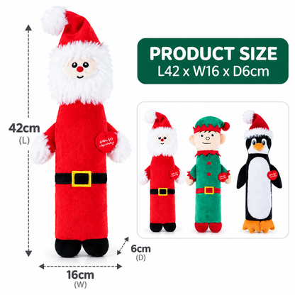 Christmas Long Characters Squeaky Dog Toy Santa, Elf, Penguin