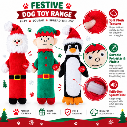 Christmas Long Characters Squeaky Dog Toy Santa, Elf, Penguin