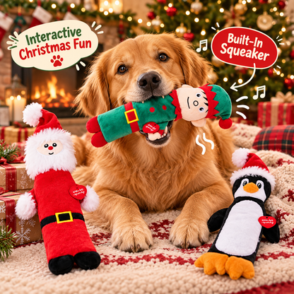 Christmas Long Characters Squeaky Dog Toy Santa, Elf, Penguin
