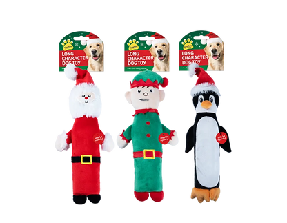 Christmas Long Characters Squeaky Dog Toy Santa, Elf, Penguin