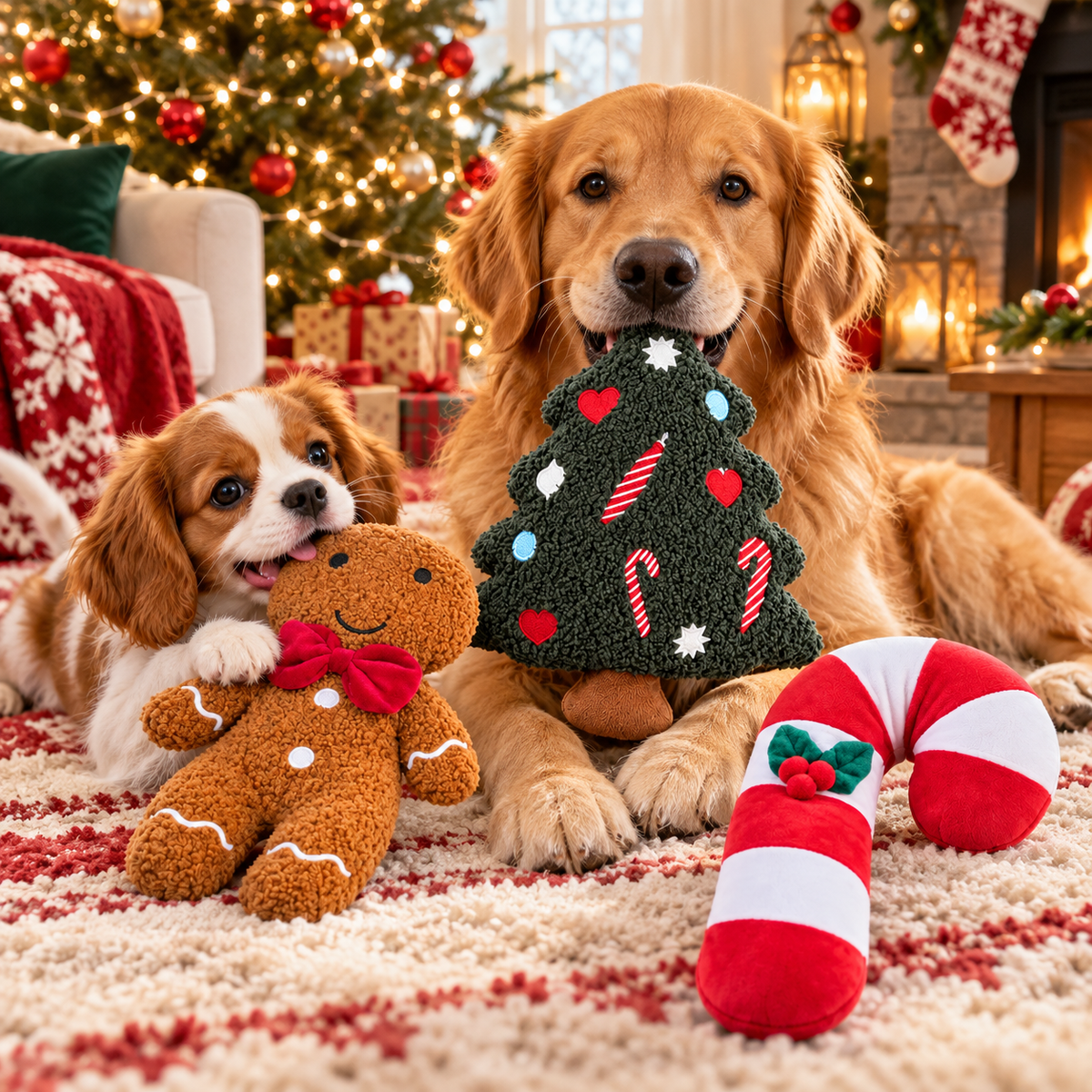 Christmas Plush Characters Squeaky Dog Toy Gingerbread, Christmas Tree, Candy Cane