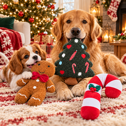Christmas Plush Characters Squeaky Dog Toy Gingerbread, Christmas Tree, Candy Cane