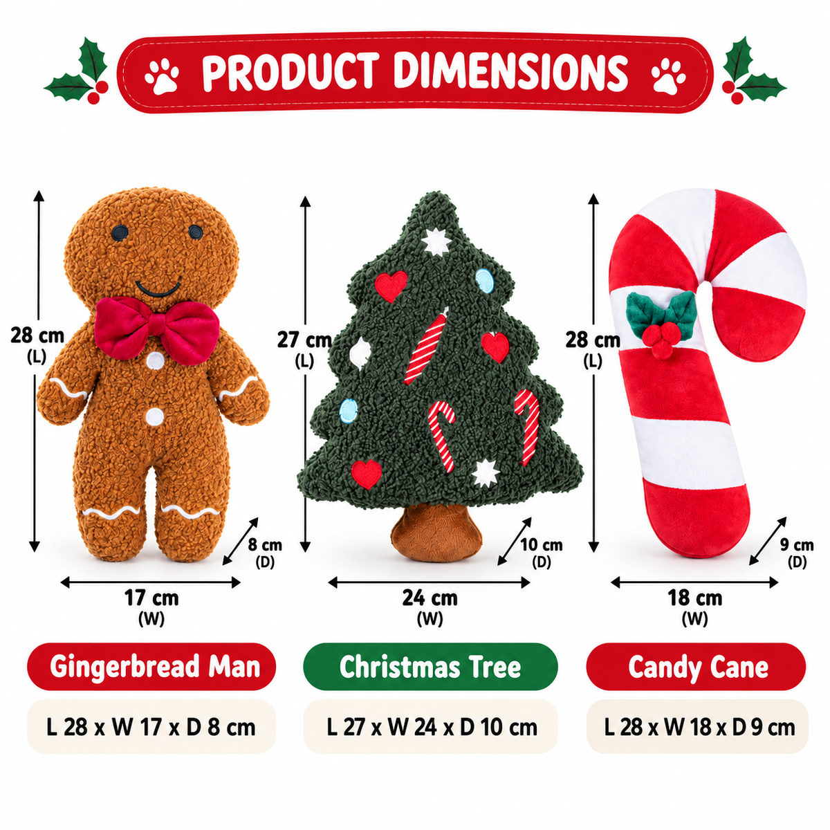 Christmas Plush Characters Squeaky Dog Toy Gingerbread, Christmas Tree, Candy Cane