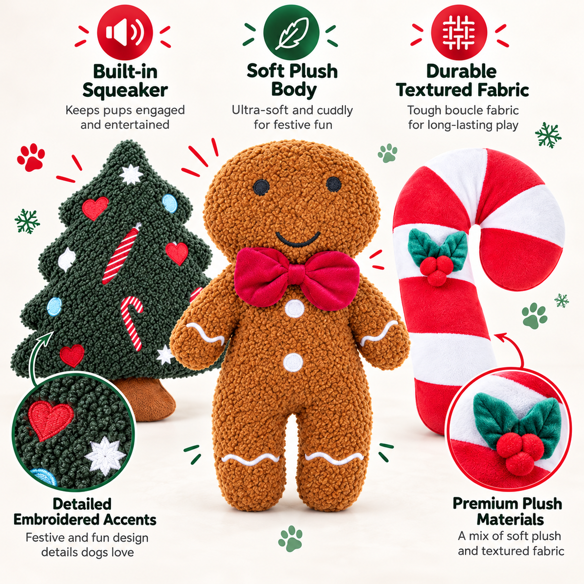 Christmas Plush Characters Squeaky Dog Toy Gingerbread, Christmas Tree, Candy Cane