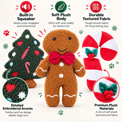 Christmas Plush Characters Squeaky Dog Toy Gingerbread, Christmas Tree, Candy Cane