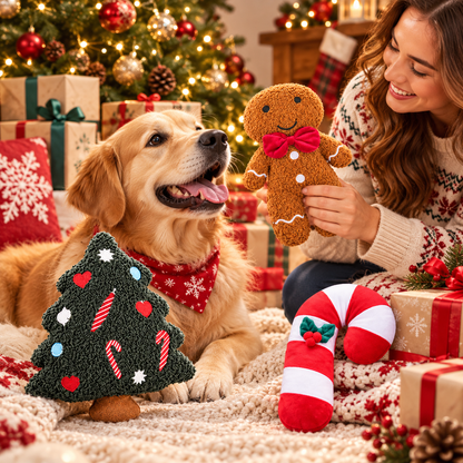 Christmas Plush Characters Squeaky Dog Toy Gingerbread, Christmas Tree, Candy Cane