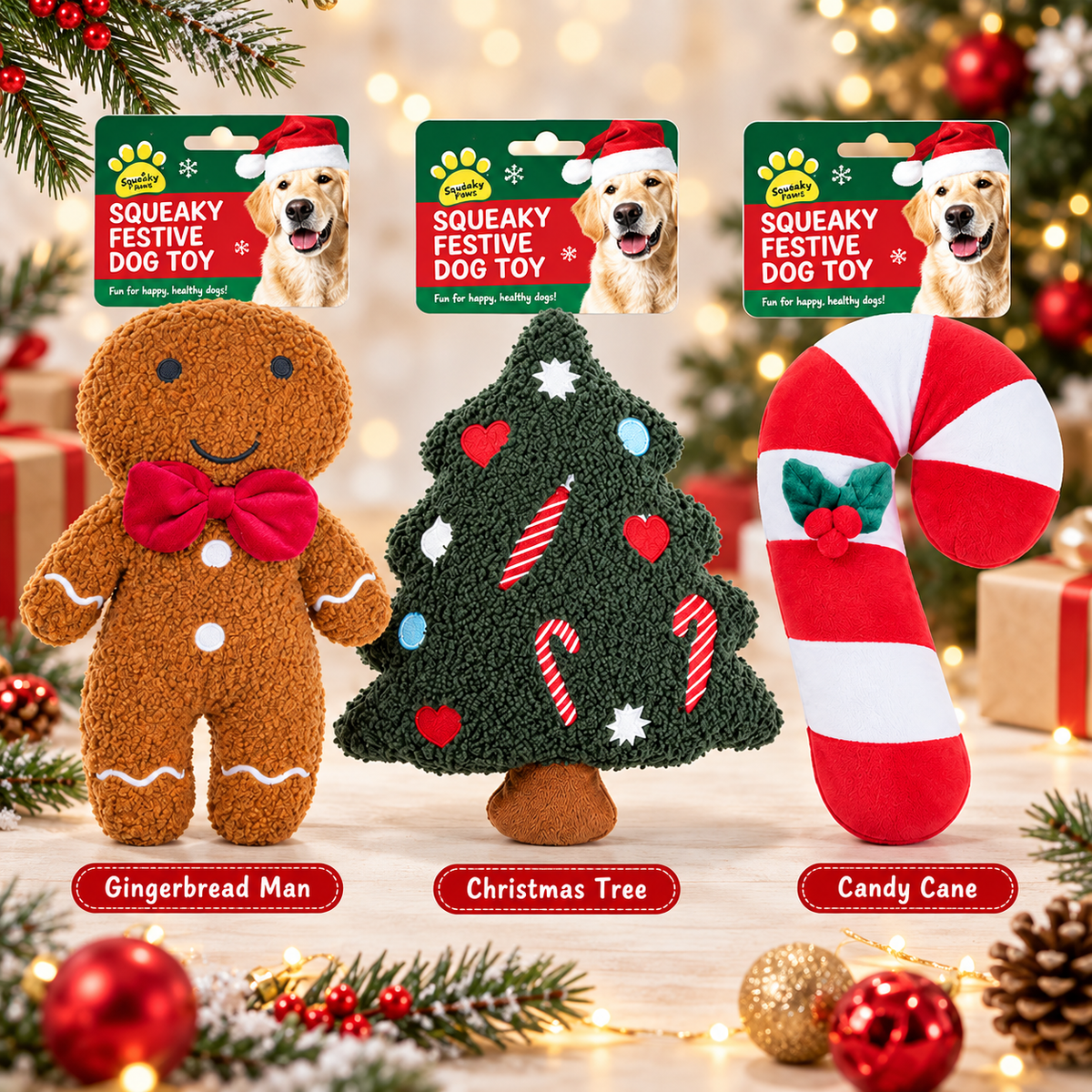 Christmas Plush Characters Squeaky Dog Toy Gingerbread, Christmas Tree, Candy Cane