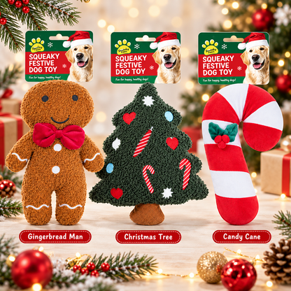 Christmas Plush Characters Squeaky Dog Toy Gingerbread, Christmas Tree, Candy Cane