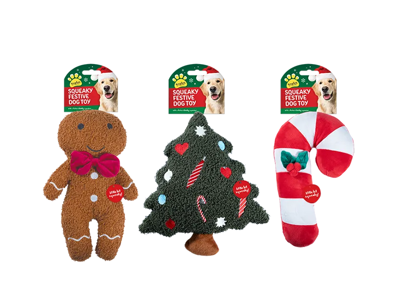 Christmas Plush Characters Squeaky Dog Toy Gingerbread, Christmas Tree, Candy Cane