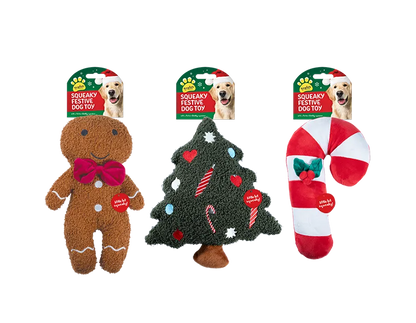 Christmas Plush Characters Squeaky Dog Toy Gingerbread, Christmas Tree, Candy Cane