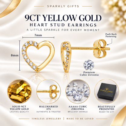 9ct Gold C/Z Heart Stud Earrings 7mm