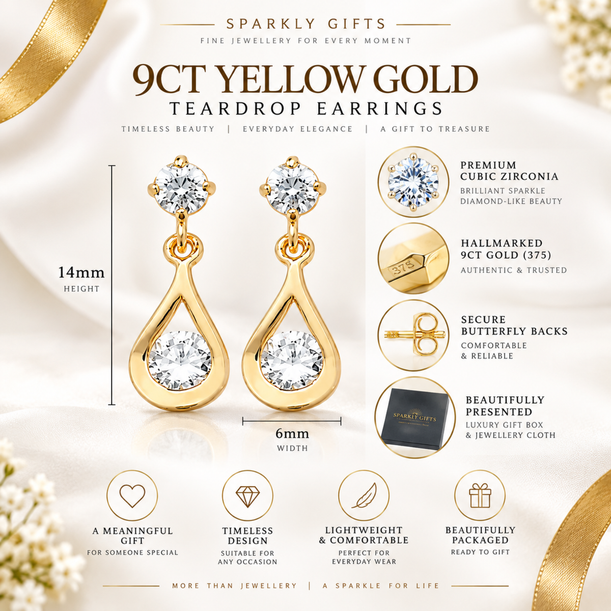 9ct Yellow Gold C/Z Teardrop Earrings 14mm*6mm