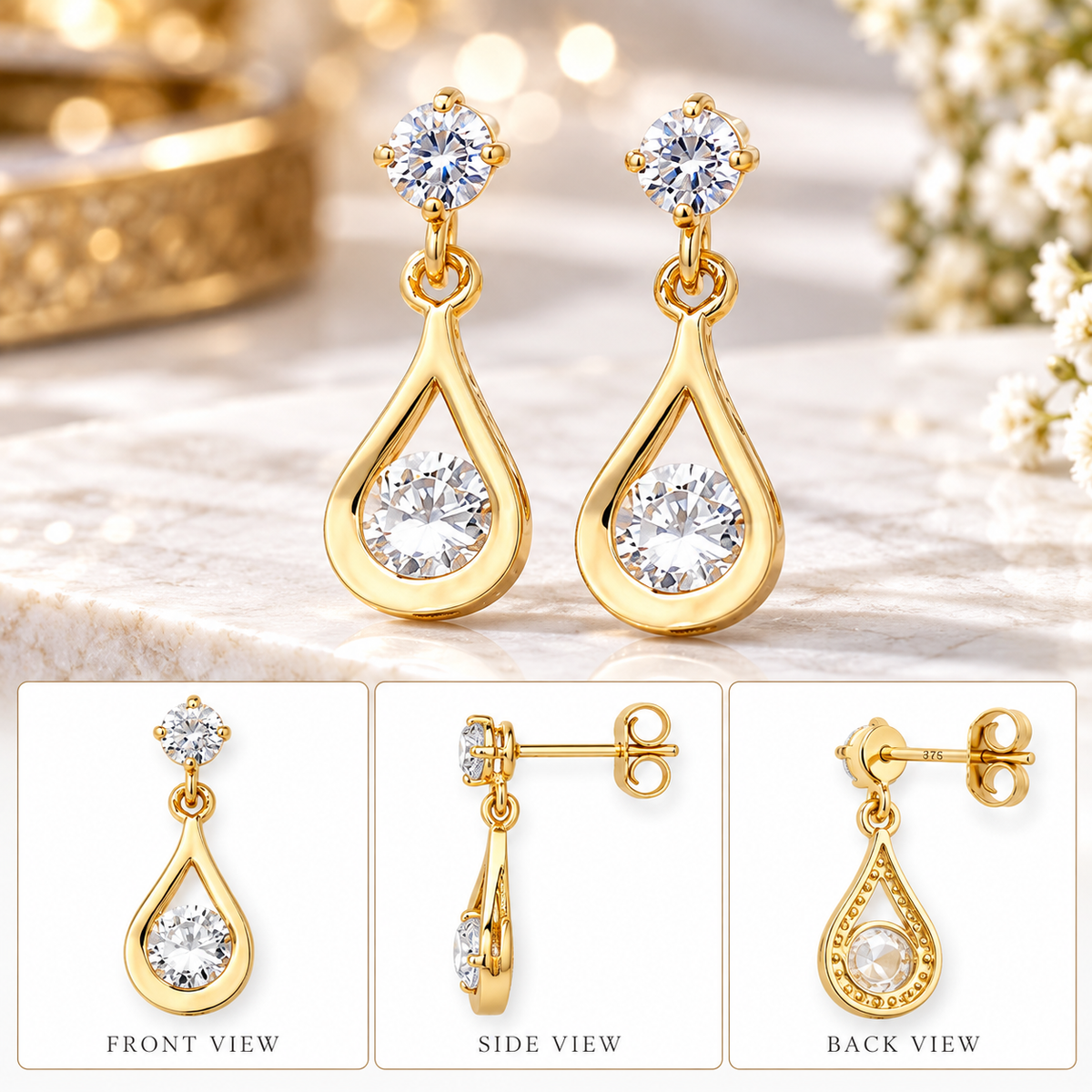 9ct Yellow Gold C/Z Teardrop Earrings 14mm*6mm