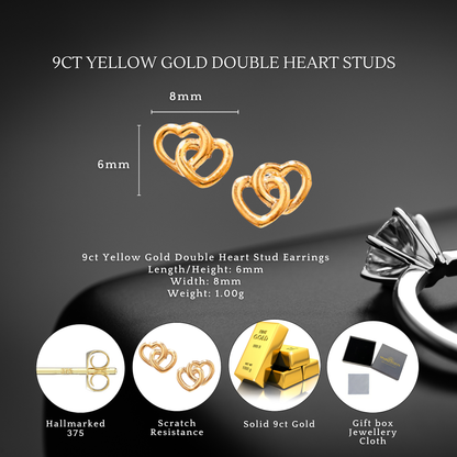 9ct Gold Interlocking Double Heart Stud Earrings 375 Hallmarked for Women