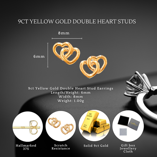 9ct Gold Interlocking Double Heart Stud Earrings 375 Hallmarked for Women