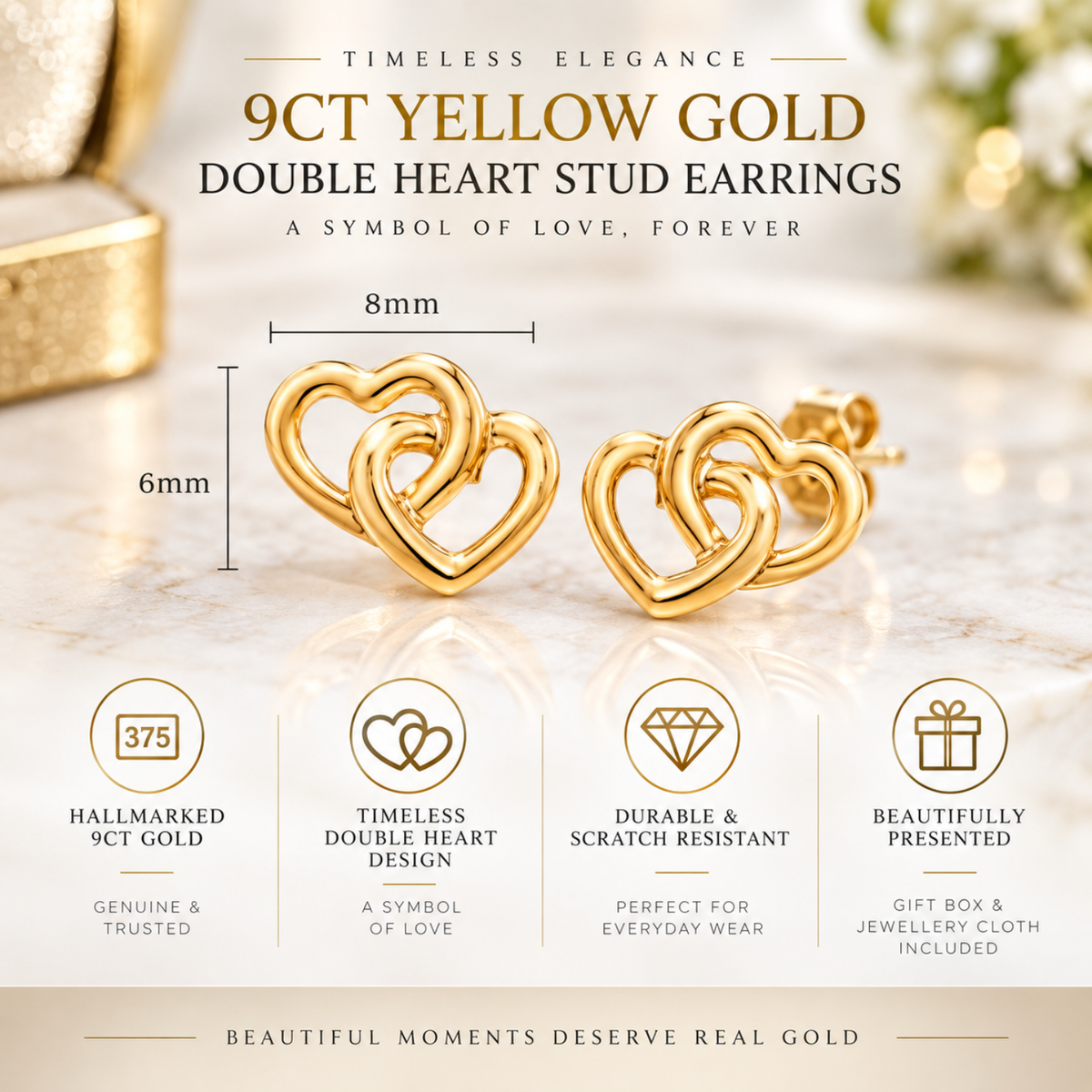 9ct Gold Interlocking Double Heart Stud Earrings 6mm*8mm