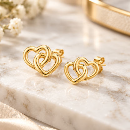 9ct Gold Interlocking Double Heart Stud Earrings 6mm*8mm