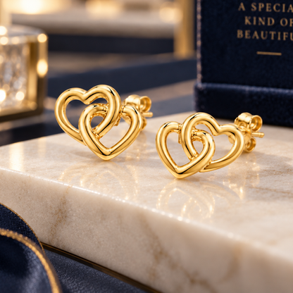 9ct Gold Interlocking Double Heart Stud Earrings 6mm*8mm