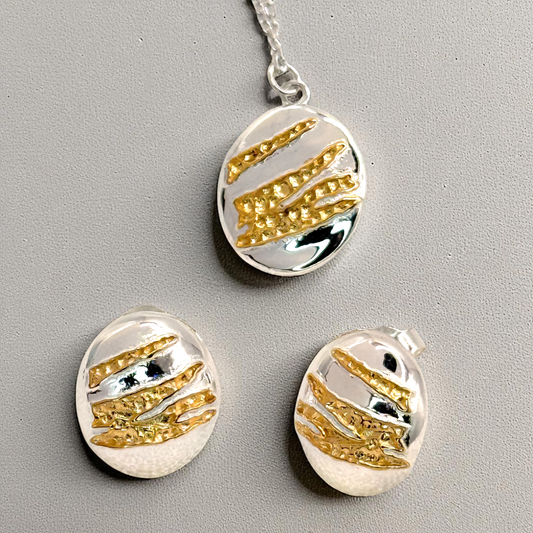 S925 Sterling Silver Golden Ridge Necklace & Earrings Jewellery Set