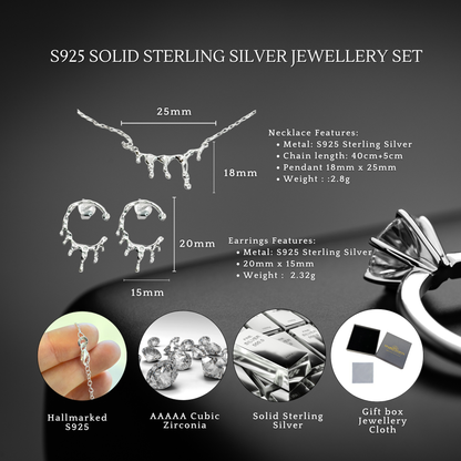 S925 Sterling Silver Molten Silver Drip Necklace & Earrings Jewellery Set