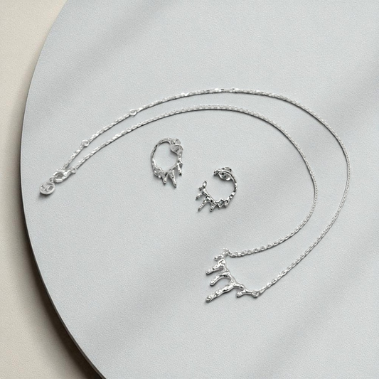 S925 Sterling Silver Molten Silver Drip Necklace & Earrings Jewellery Set