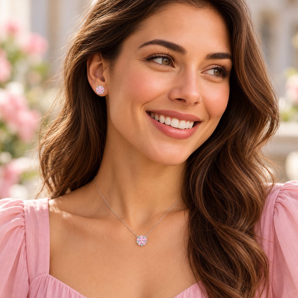 S925 Sterling Silver Pink Flower Necklace Earrings Jewellery Set