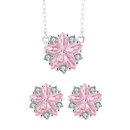S925 Sterling Silver Pink Flower Necklace Earrings Jewellery Set