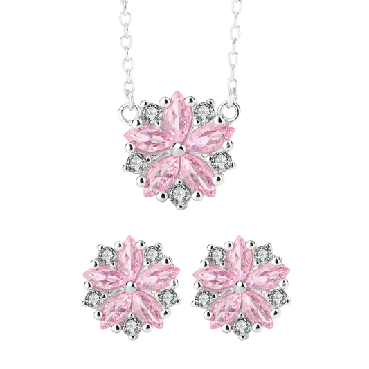 S925 Sterling Silver Pink Flower Necklace Earrings Jewellery Set