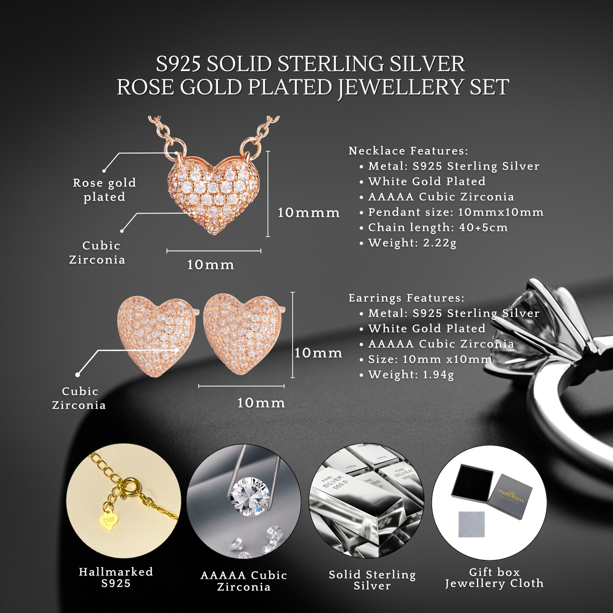 S925 Sterling Silver Pave Heart Rose Gold Plated Jewellery Set