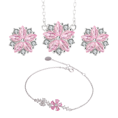 S925 Sterling Silver Pink Flower Necklace Earrings Bracelet Jewellery Tri Set