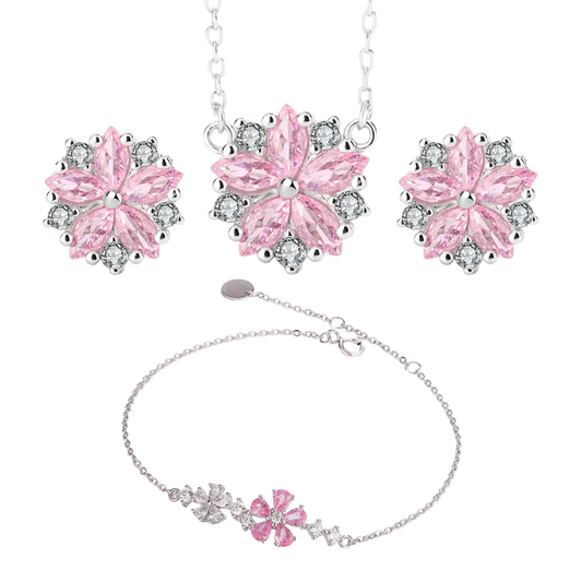 S925 Sterling Silver Pink Flower Necklace Earrings Bracelet Jewellery Tri Set