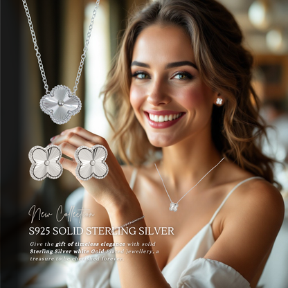 S925 Sterling Silver Clover Necklace & Earrings Jewellery Set