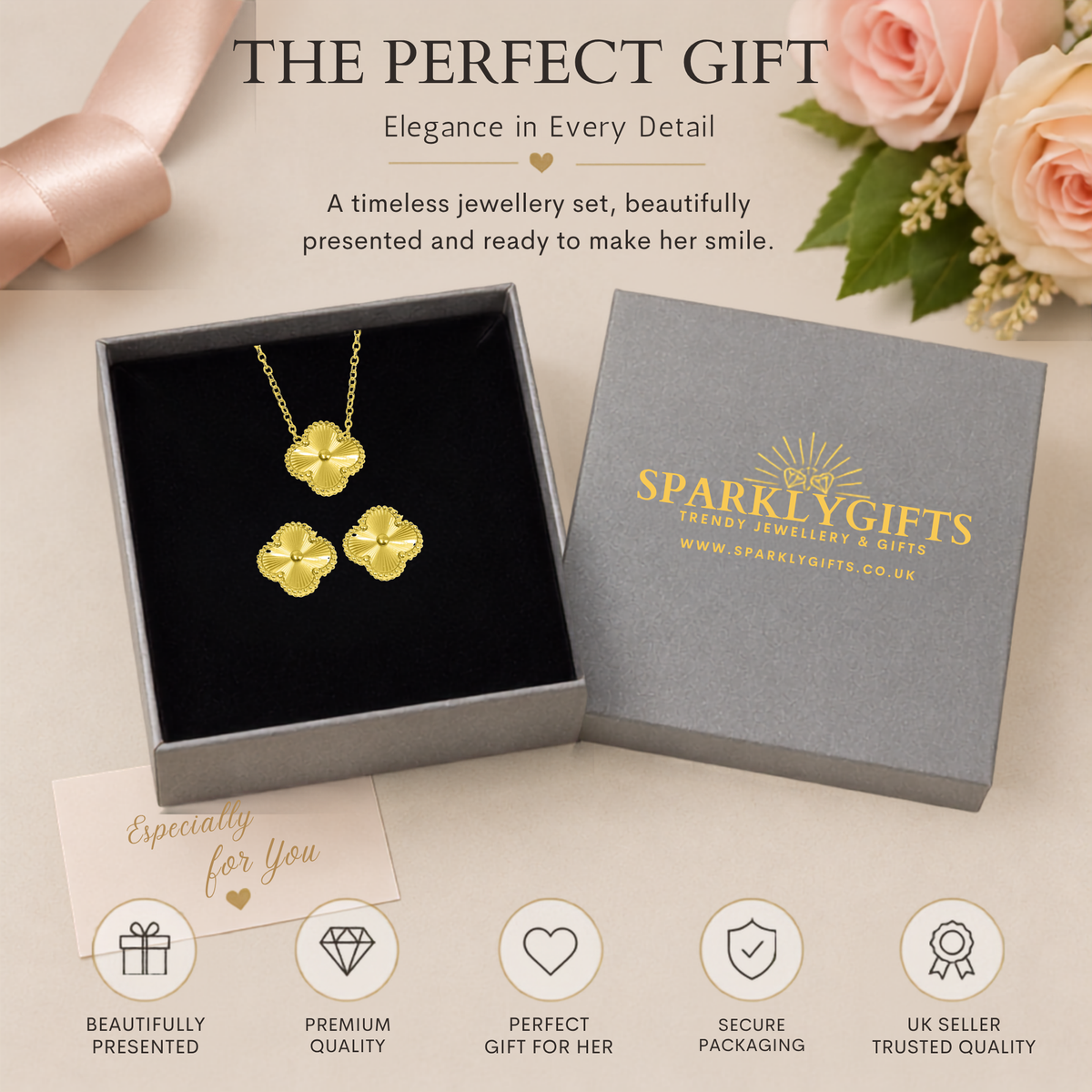 S925 Sterling Silver Clover Necklace & Earrings Jewellery Set