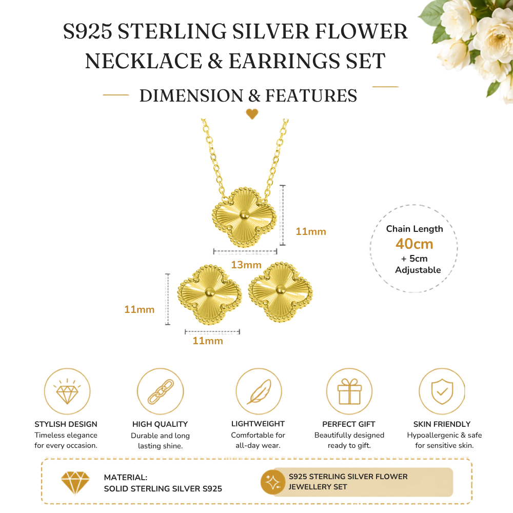 S925 Sterling Silver Clover Necklace & Earrings Jewellery Set