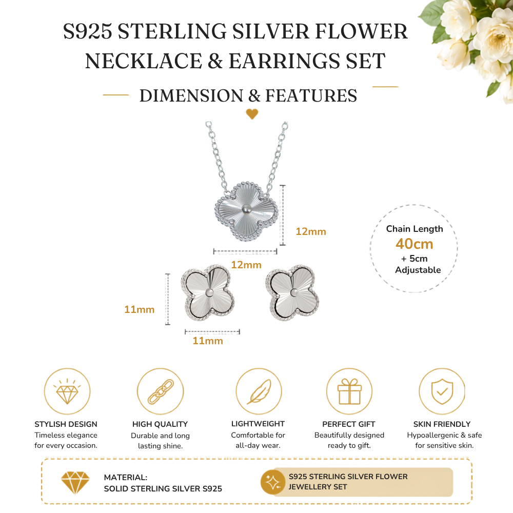 S925 Sterling Silver Clover Necklace & Earrings Jewellery Set