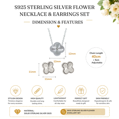 S925 Sterling Silver Clover Necklace & Earrings Jewellery Set
