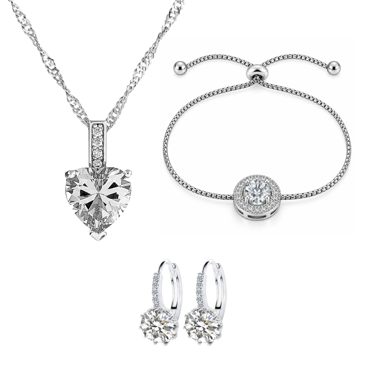 Love Heart Pendant Necklace,  Earrings and Bracelet Jewellery Tri-Set ( Pink, Blue or Clear )