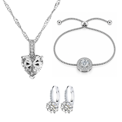 Love Heart Pendant Necklace,  Earrings and Bracelet Jewellery Tri-Set ( Pink, Blue or Clear )