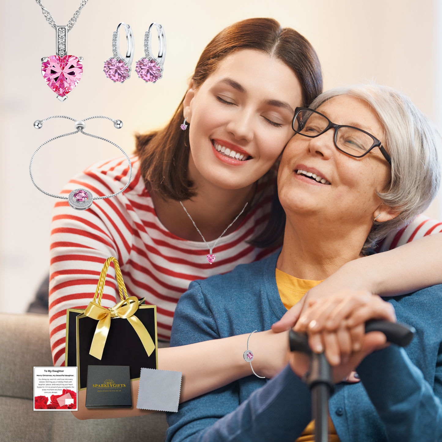 Pink Heart Necklace Earrings Bracelet Jewellery set with Message Card for Daughter