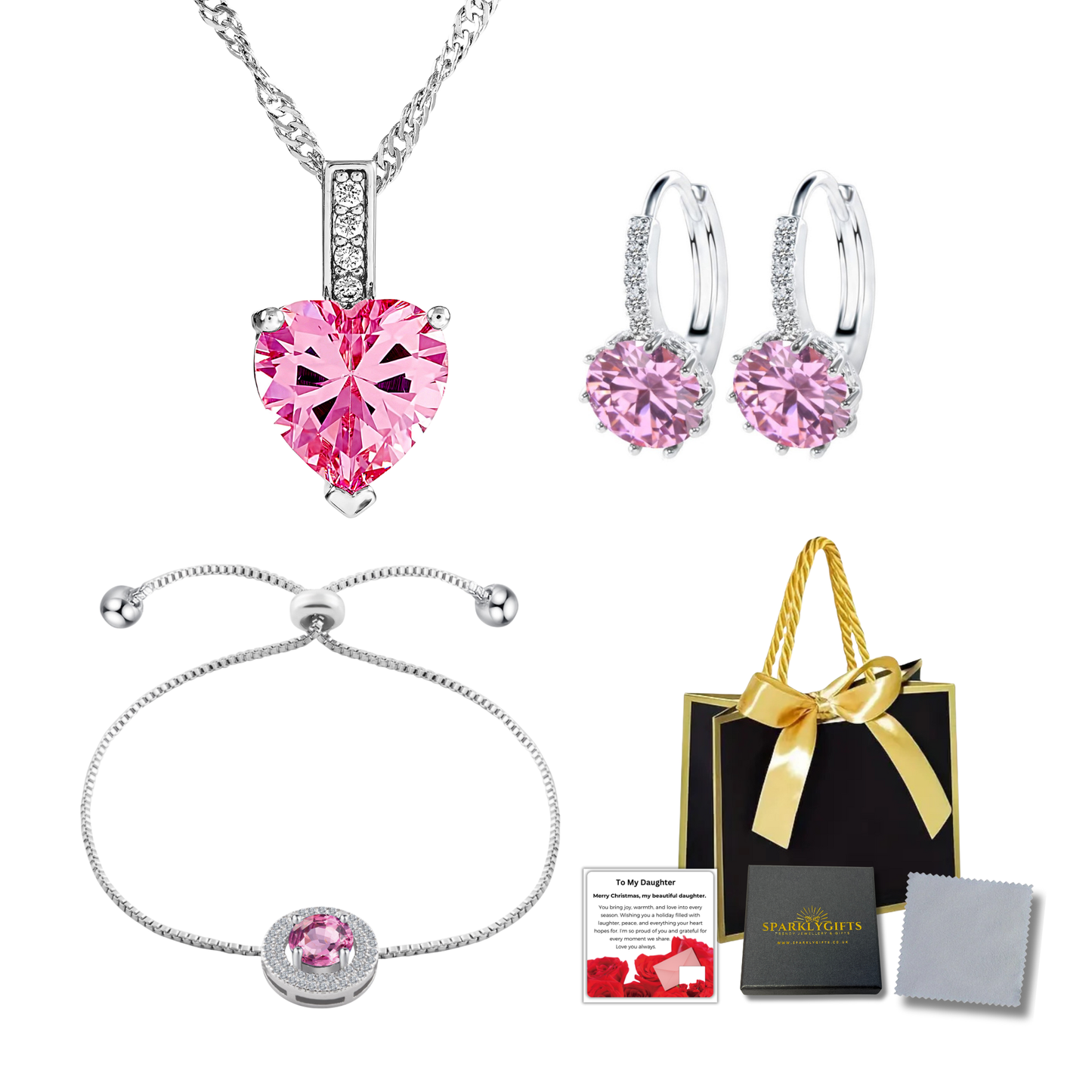 Pink Heart Necklace Earrings Bracelet Jewellery set with Message Card for Daughter